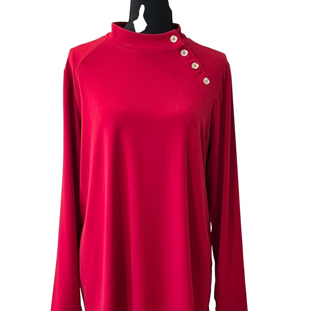 Susan Graver Liquid Knit Mock Neck Top Women's Sz L Red Button Tunic Blouse QVC